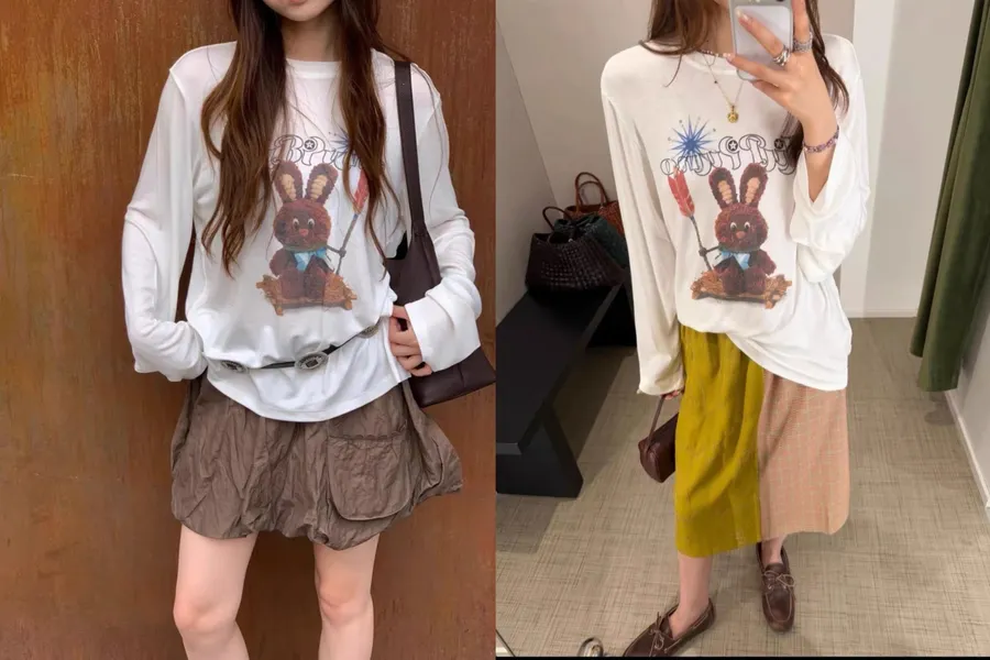 Retro Exquisite Printed Adventure Bunny Long-Sleeve T-Shirt in Off-White, product view 01