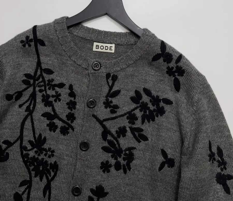 Niche Dark Floral Nostalgic Embroidered Button Cardigan Sweater in Gray and Black, product view 02