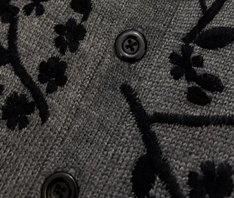 Niche Dark Floral Nostalgic Embroidered Button Cardigan Sweater in Gray and Black, product view 04