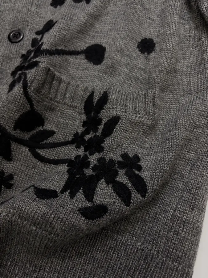 Niche Dark Floral Nostalgic Embroidered Button Cardigan Sweater in Gray and Black, product view 07