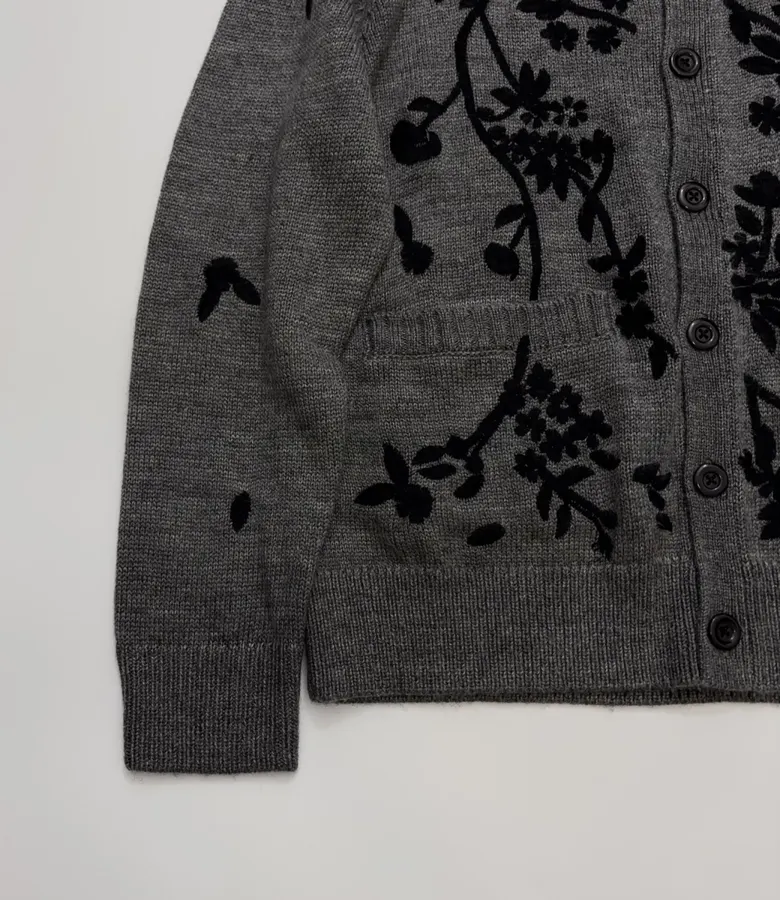 Niche Dark Floral Nostalgic Embroidered Button Cardigan Sweater in Gray and Black, product view 08