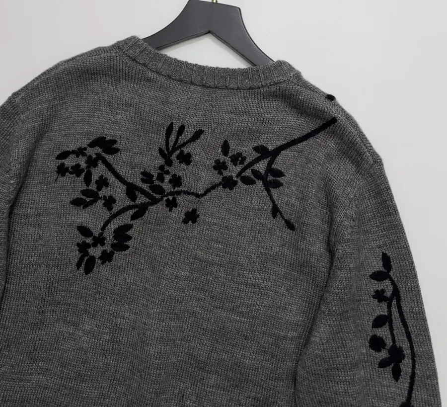 Niche Dark Floral Nostalgic Embroidered Button Cardigan Sweater in Gray and Black, product view 14