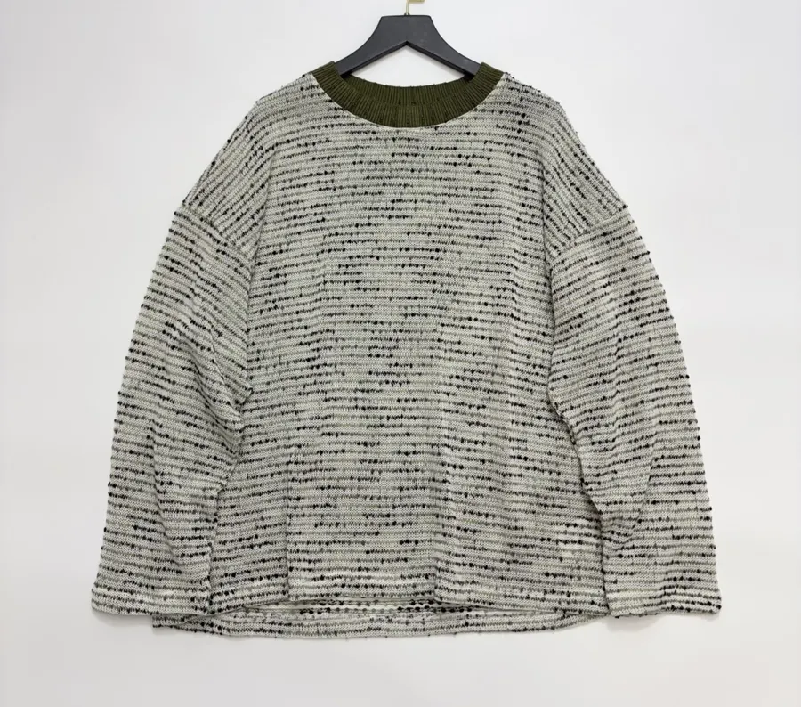 Striped Color-Dotted Knit Loose Pullover Top in Light Gray, product view 01