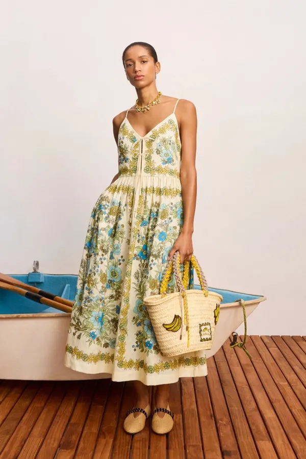 Floral V-Neck Tie-Strap Linen Midi Dress in Ivory Floral, product view 01