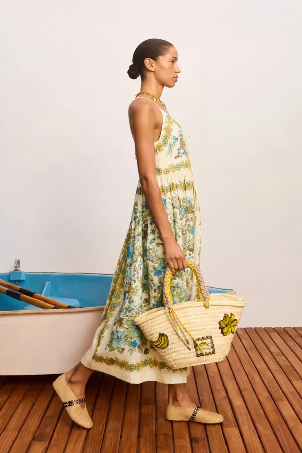 Floral V-Neck Tie-Strap Linen Midi Dress in Ivory Floral, product view 02