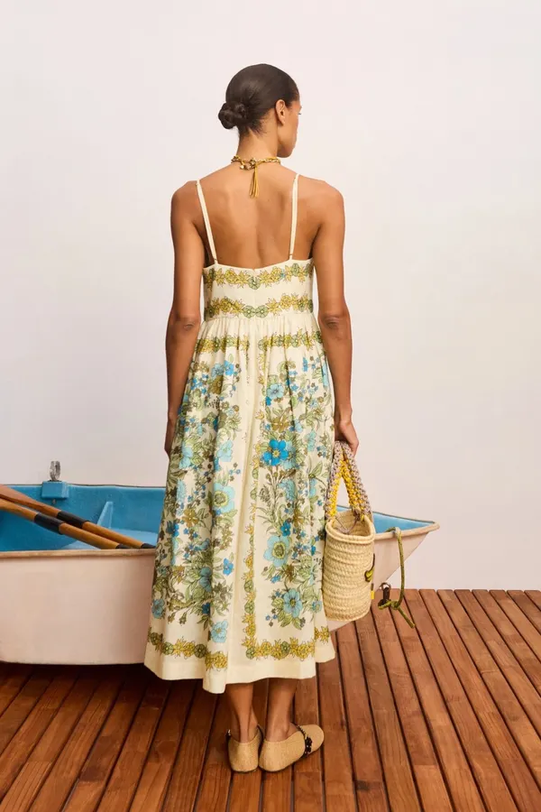 Floral V-Neck Tie-Strap Linen Midi Dress in Ivory Floral, product view 03