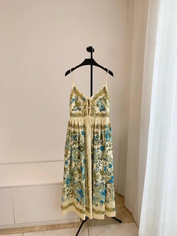 Floral V-Neck Tie-Strap Linen Midi Dress in Ivory Floral, product view 04