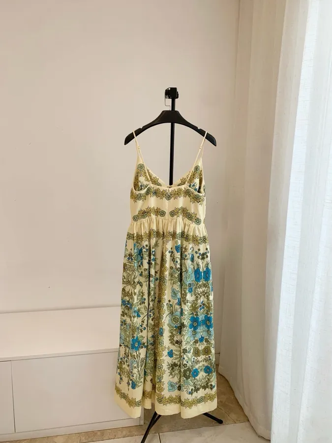 Floral V-Neck Tie-Strap Linen Midi Dress in Ivory Floral, product view 05