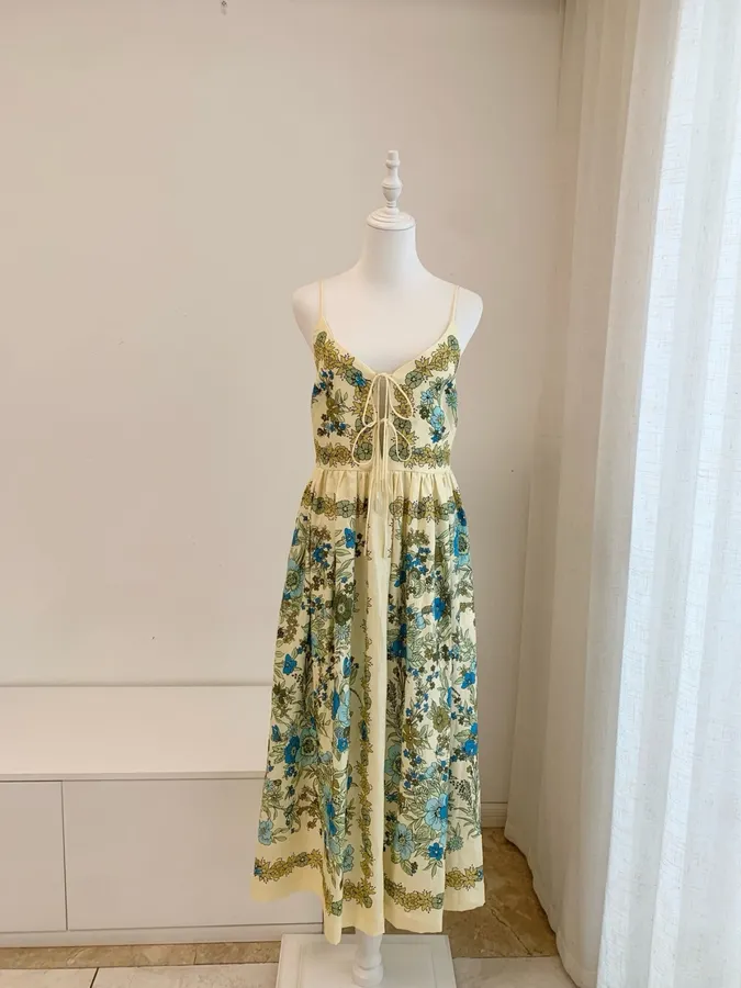 Floral V-Neck Tie-Strap Linen Midi Dress in Ivory Floral, product view 06