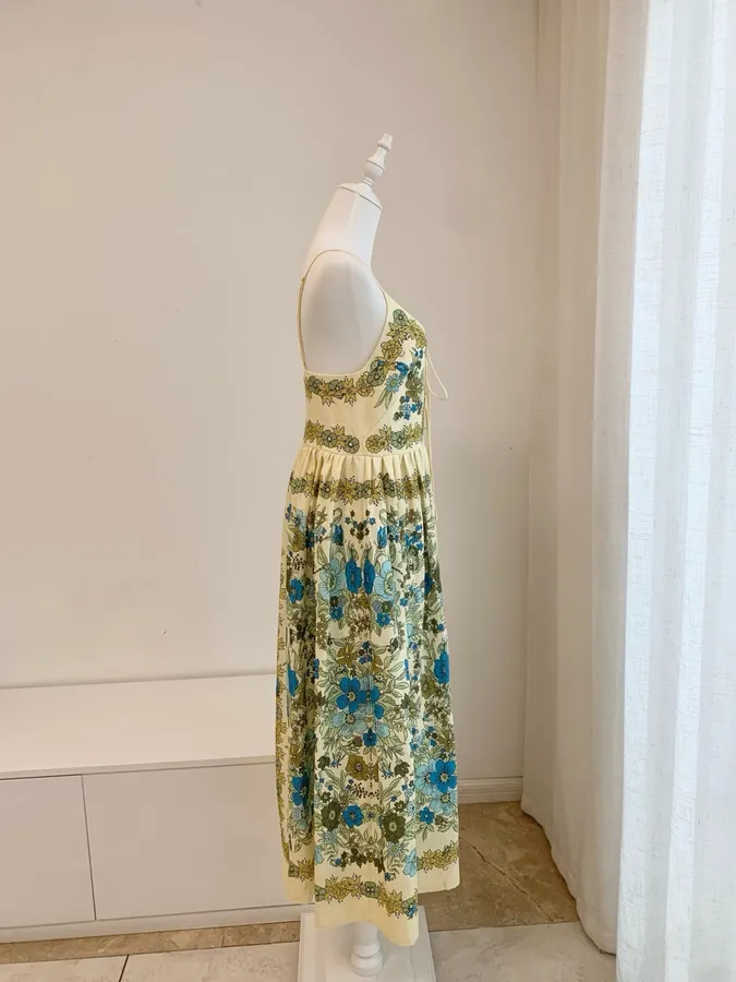 Floral V-Neck Tie-Strap Linen Midi Dress in Ivory Floral, product view 07