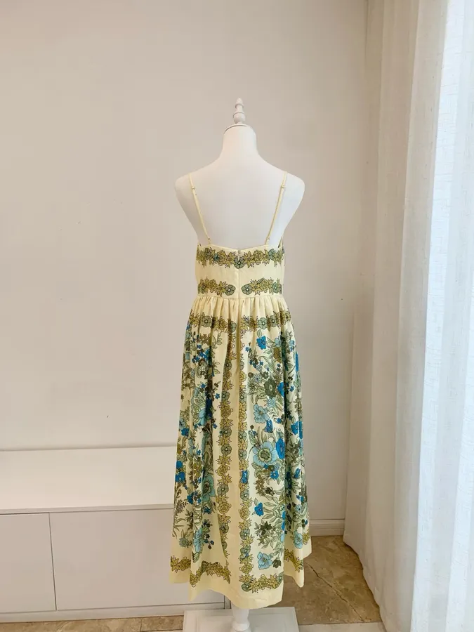 Floral V-Neck Tie-Strap Linen Midi Dress in Ivory Floral, product view 08