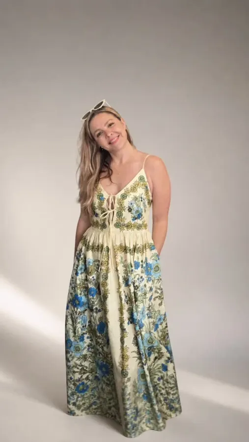 Floral V-Neck Tie-Strap Linen Midi Dress in Ivory Floral, product view 09