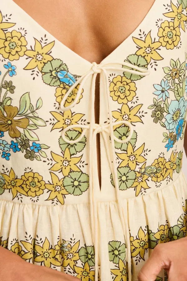 Floral V-Neck Tie-Strap Linen Midi Dress in Ivory Floral, product view 10