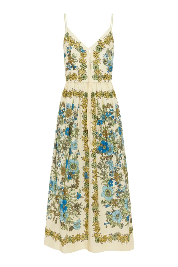 Floral V-Neck Tie-Strap Linen Midi Dress in Ivory Floral, product view 11