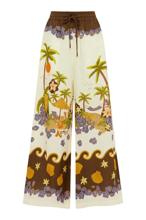 Printed Elastic-Waist Casual Pants | Retro Resort-Style Wide-Leg Trousers in Off-White Multicolor, product view