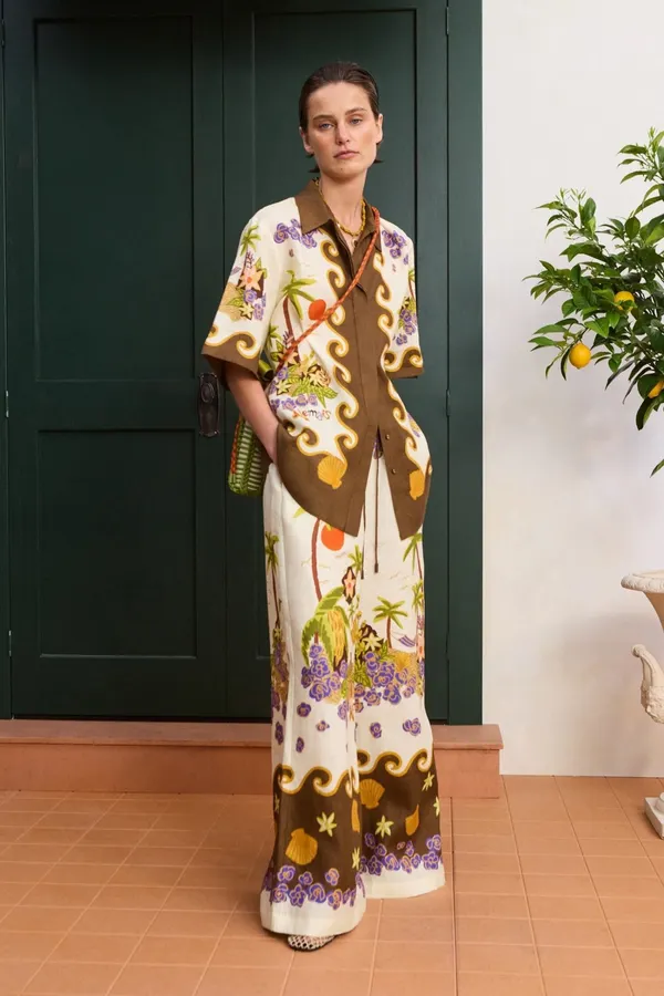 Printed Elastic-Waist Casual Pants | Retro Resort-Style Wide-Leg Trousers in Off-White Multicolor, product view 03