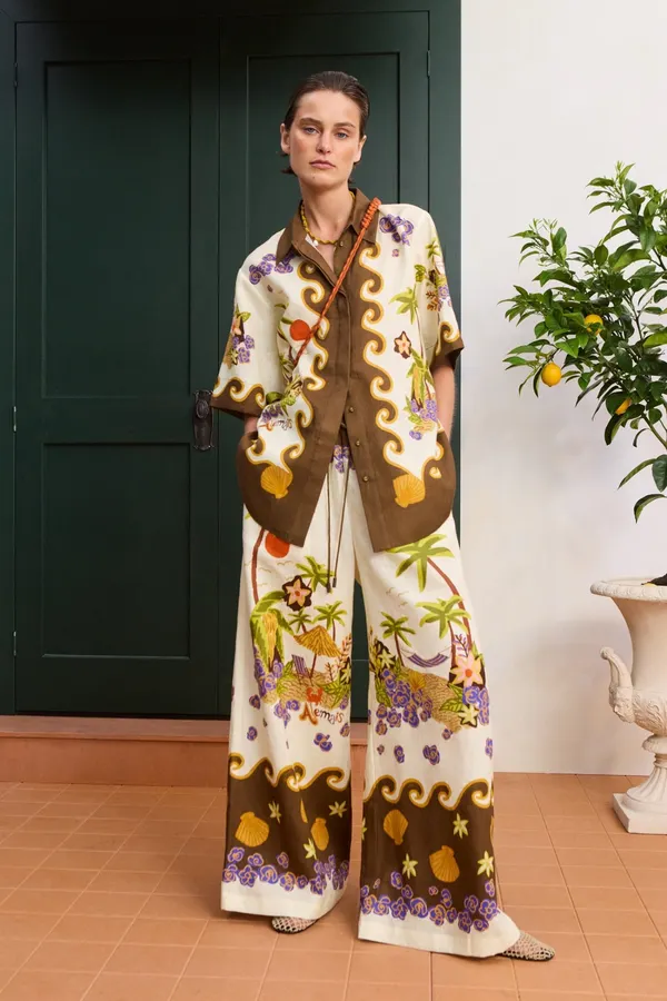 Printed Elastic-Waist Casual Pants | Retro Resort-Style Wide-Leg Trousers in Off-White Multicolor, product view 04