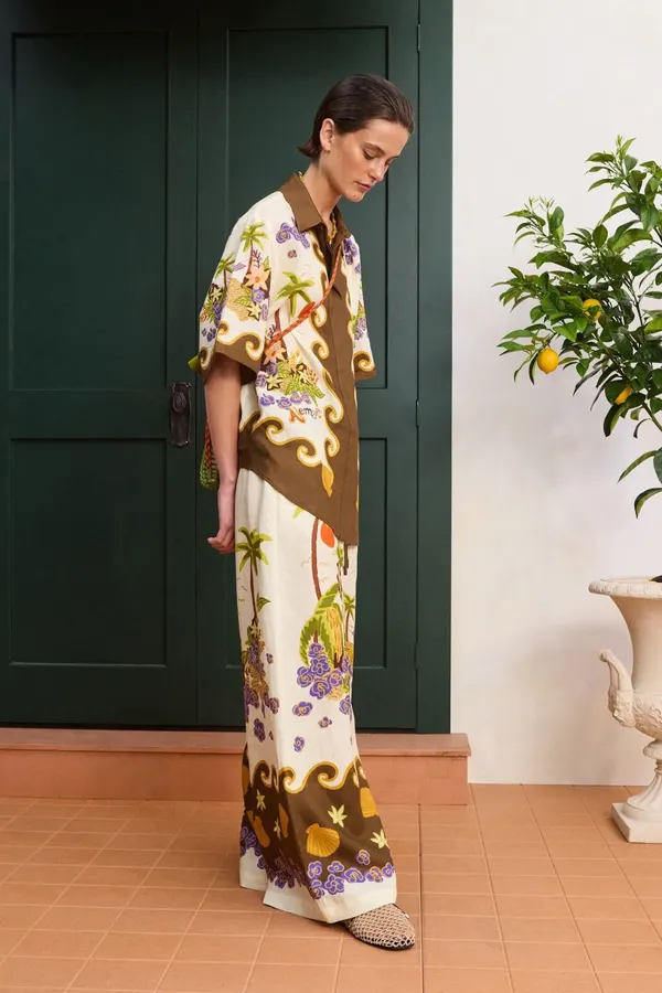 Printed Elastic-Waist Casual Pants | Retro Resort-Style Wide-Leg Trousers in Off-White Multicolor, product view 05