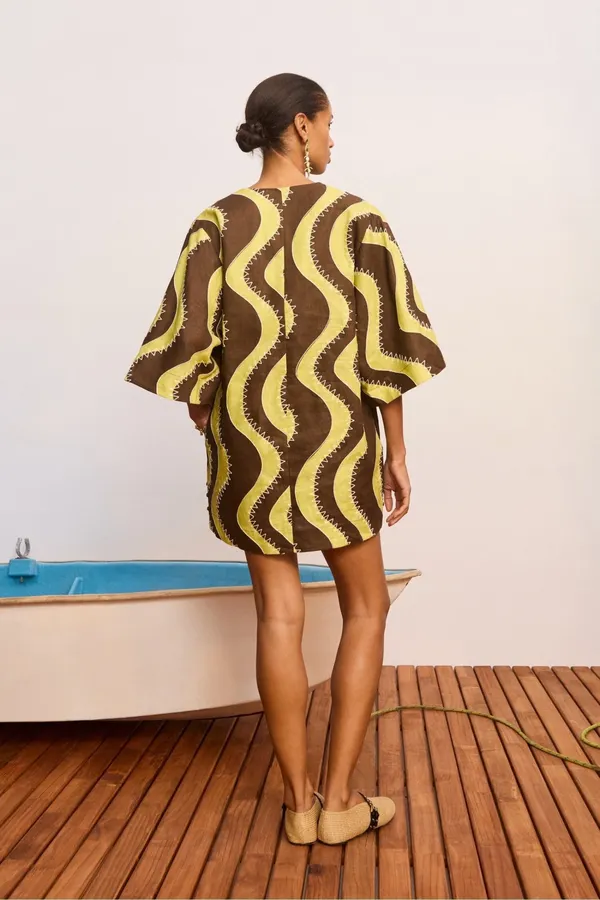 Retro Wave Embroidery Floral Print Loose Dress - Mini Skirt in Brown and Cream, product view 05