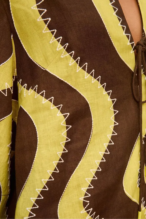 Retro Wave Embroidery Floral Print Loose Dress - Mini Skirt in Brown and Cream, product view 06