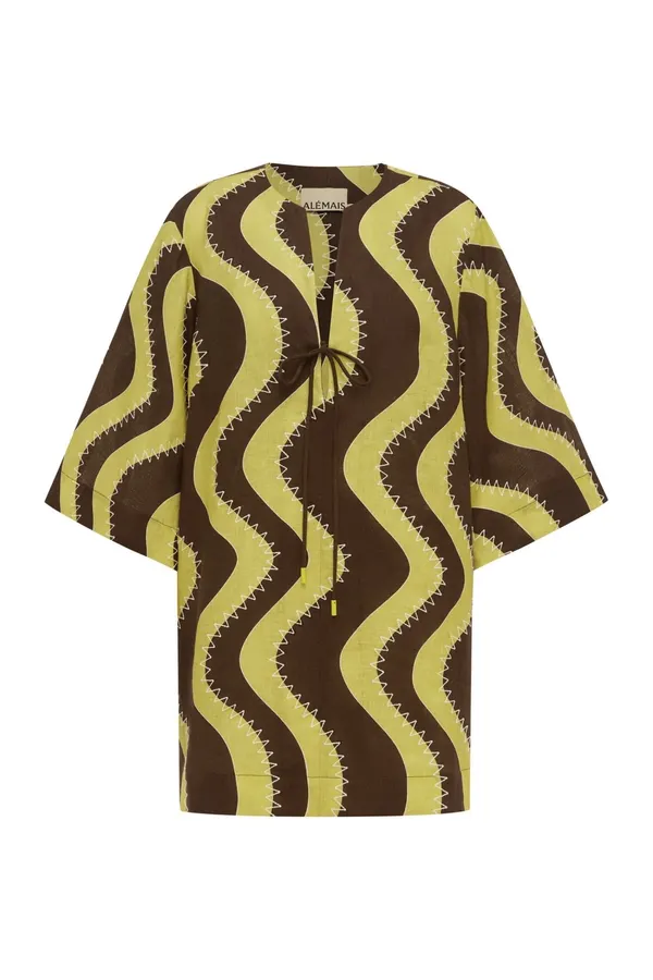 Retro Wave Embroidery Floral Print Loose Dress - Mini Skirt in Brown and Cream, product view 07