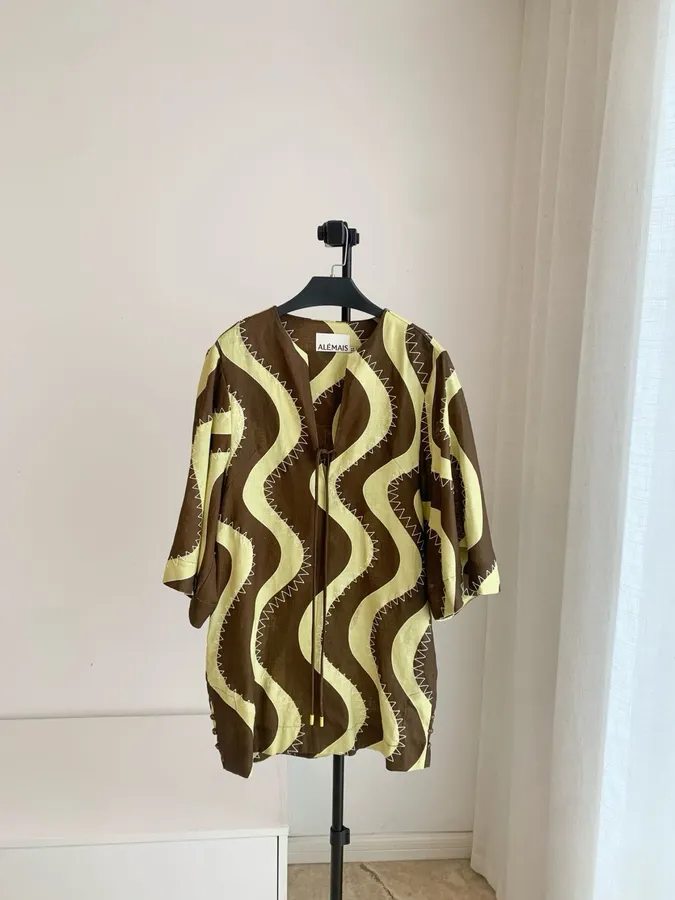 Retro Wave Embroidery Floral Print Loose Dress - Mini Skirt in Brown and Cream, product view 08