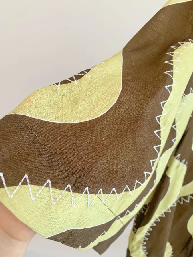 Retro Wave Embroidery Floral Print Loose Dress - Mini Skirt in Brown and Cream, product view 10