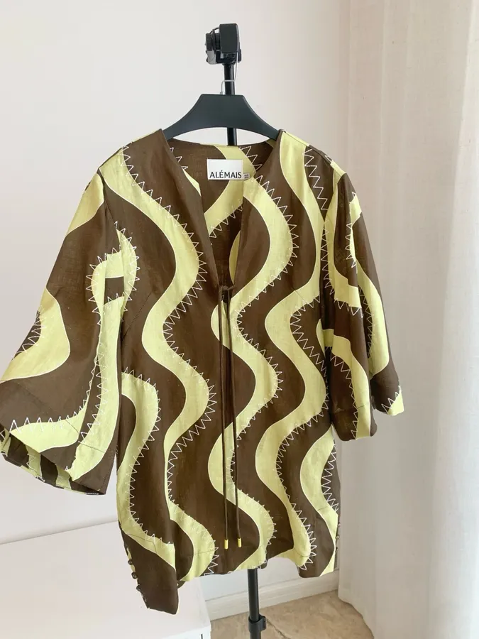Retro Wave Embroidery Floral Print Loose Dress - Mini Skirt in Brown and Cream, product view 11