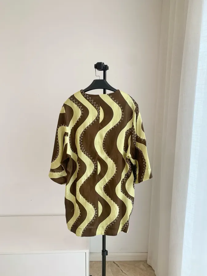 Retro Wave Embroidery Floral Print Loose Dress - Mini Skirt in Brown and Cream, product view 12