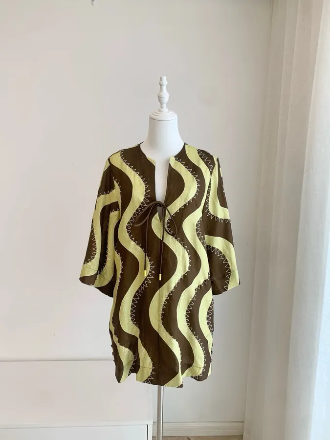 Retro Wave Embroidery Floral Print Loose Dress - Mini Skirt in Brown and Cream, product view 14