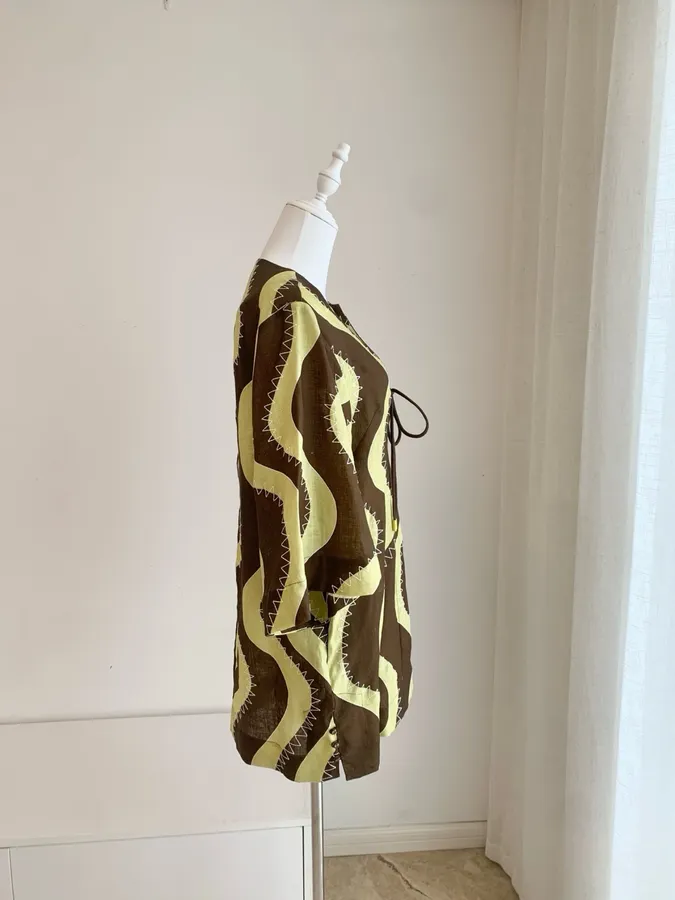 Retro Wave Embroidery Floral Print Loose Dress - Mini Skirt in Brown and Cream, product view 15