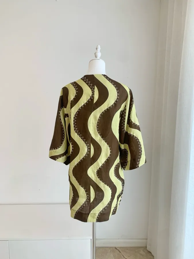 Retro Wave Embroidery Floral Print Loose Dress - Mini Skirt in Brown and Cream, product view 16