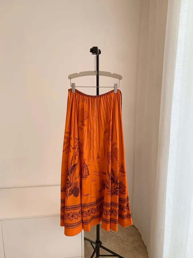 Printed Elastic Waist Half-Length Skirt | Resort-Style Draping Flared Half-Skirt in Orange, product view 02