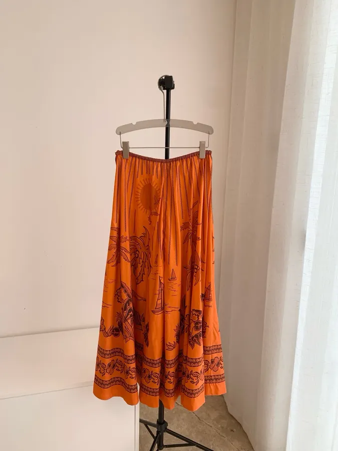 Printed Elastic Waist Half-Length Skirt | Resort-Style Draping Flared Half-Skirt in Orange, product view 03