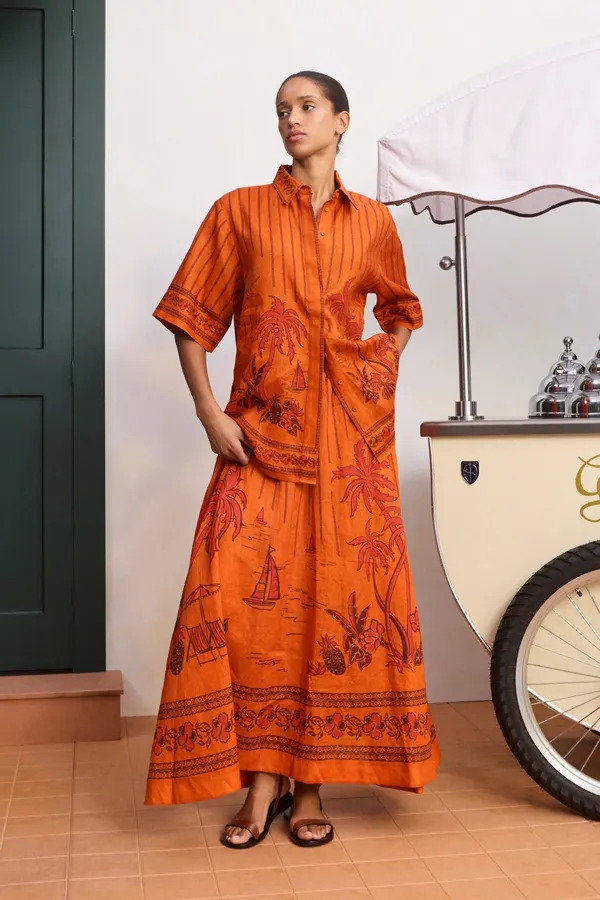 Printed Elastic Waist Half-Length Skirt | Resort-Style Draping Flared Half-Skirt in Orange, product view 04