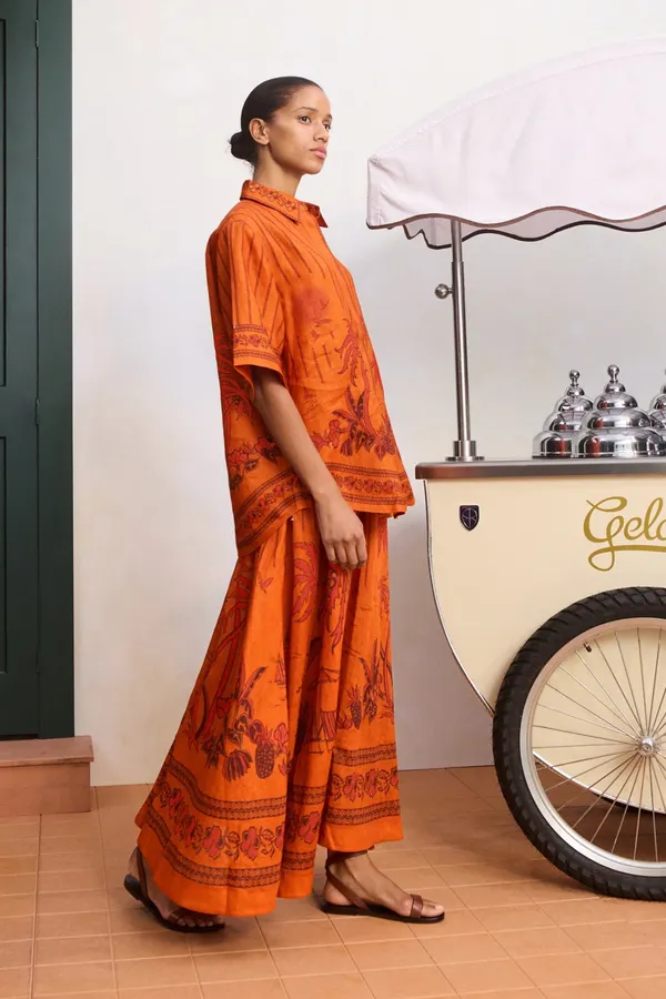 Printed Elastic Waist Half-Length Skirt | Resort-Style Draping Flared Half-Skirt in Orange, product view 05