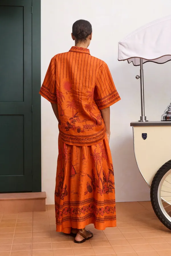Printed Elastic Waist Half-Length Skirt | Resort-Style Draping Flared Half-Skirt in Orange, product view 06