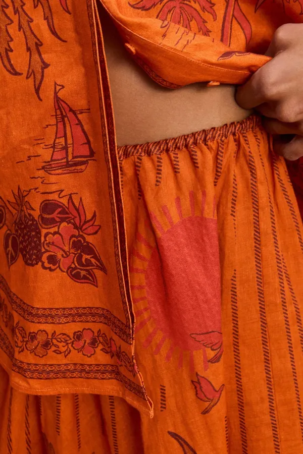 Printed Elastic Waist Half-Length Skirt | Resort-Style Draping Flared Half-Skirt in Orange, product view 07
