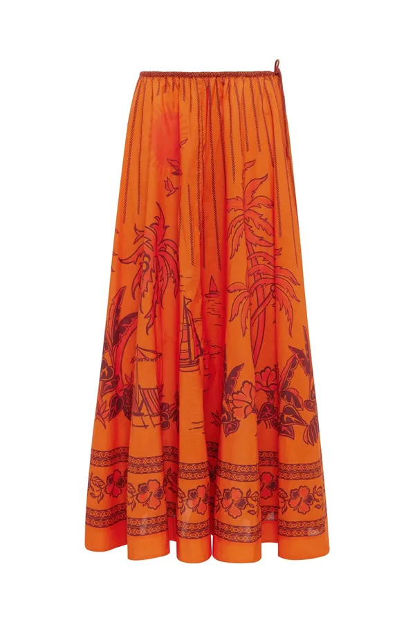 Printed Elastic Waist Half-Length Skirt | Resort-Style Draping Flared Half-Skirt in Orange, product view 08