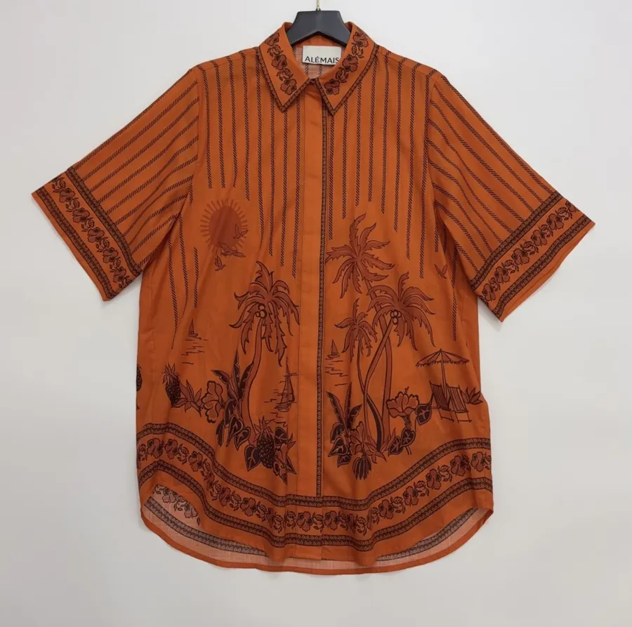 Striped Short-Sleeve Shirt | Island-Style Print Loose Lapel Top in Orange, product view 01