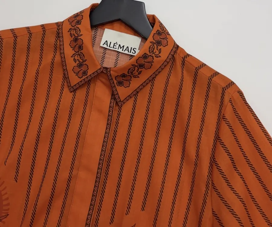 Striped Short-Sleeve Shirt | Island-Style Print Loose Lapel Top in Orange, product view 02