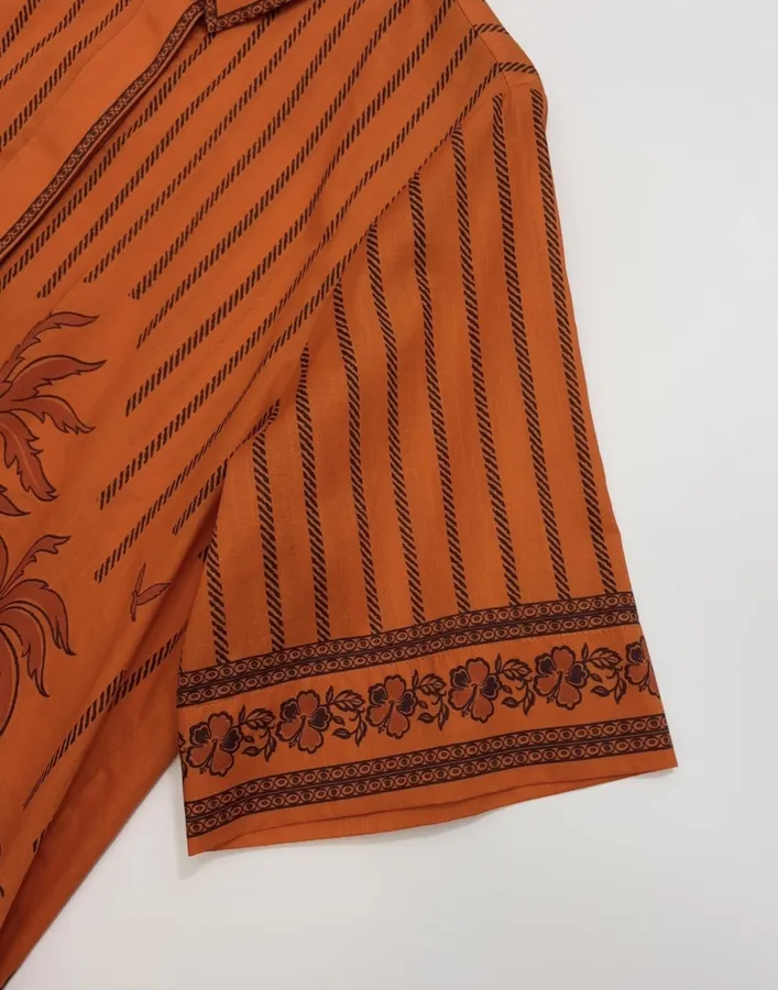 Striped Short-Sleeve Shirt | Island-Style Print Loose Lapel Top in Orange, product view 04
