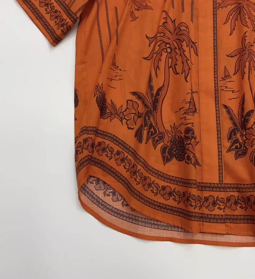 Striped Short-Sleeve Shirt | Island-Style Print Loose Lapel Top in Orange, product view 07