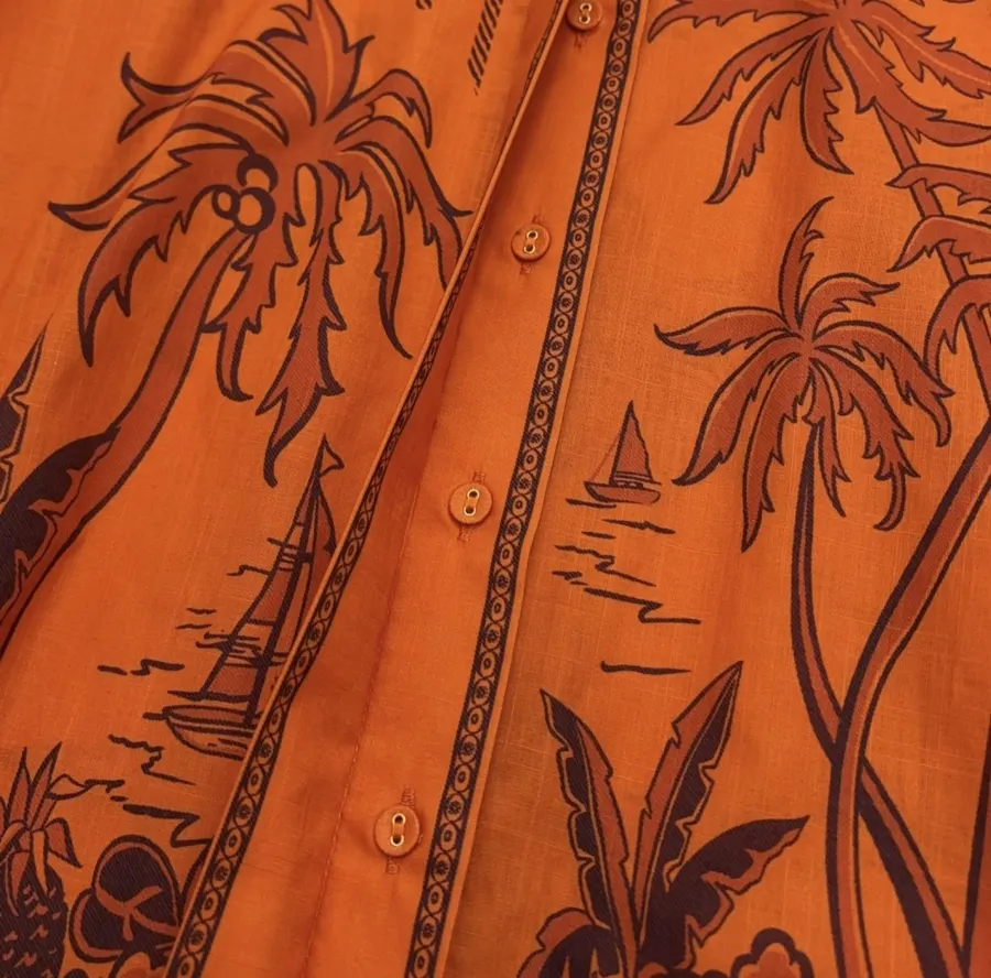 Striped Short-Sleeve Shirt | Island-Style Print Loose Lapel Top in Orange, product view 10