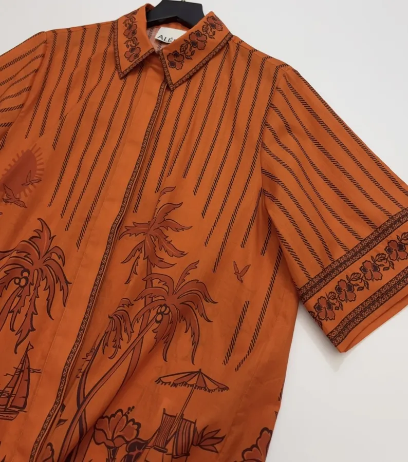 Striped Short-Sleeve Shirt | Island-Style Print Loose Lapel Top in Orange, product view 11