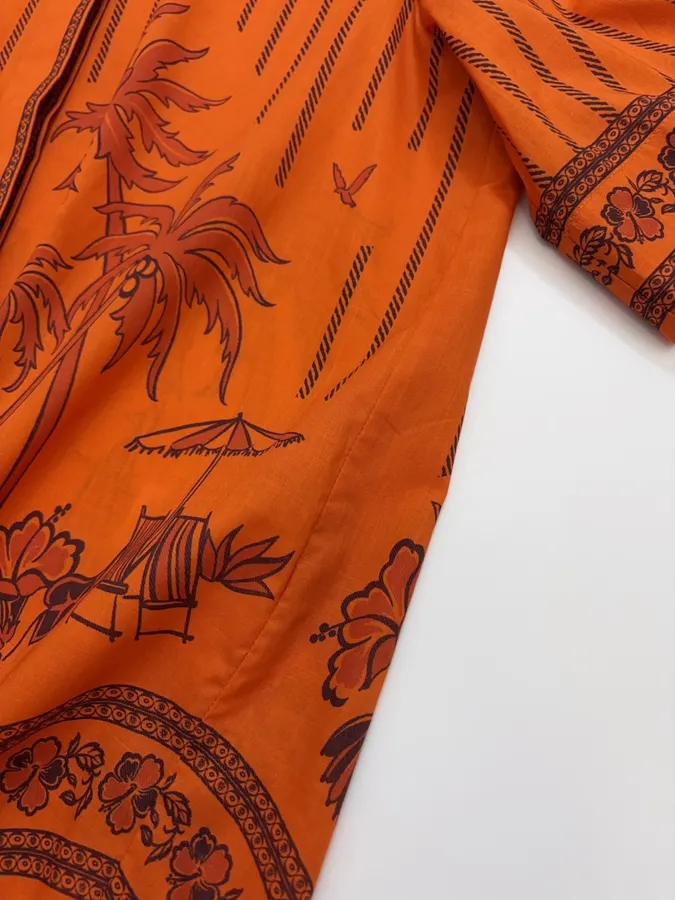 Striped Short-Sleeve Shirt | Island-Style Print Loose Lapel Top in Orange, product view 12