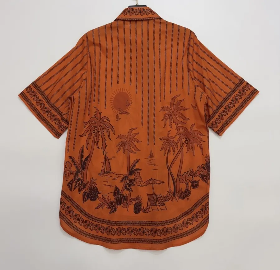 Striped Short-Sleeve Shirt | Island-Style Print Loose Lapel Top in Orange, product view 15