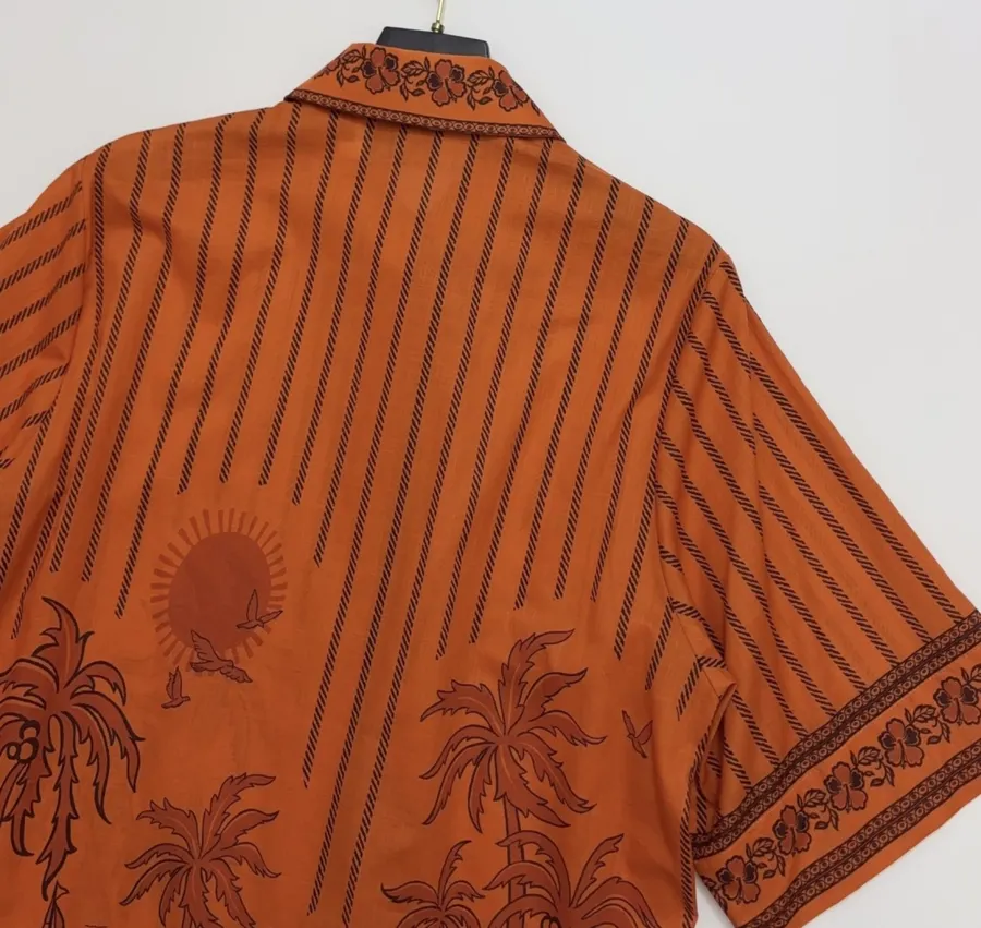 Striped Short-Sleeve Shirt | Island-Style Print Loose Lapel Top in Orange, product view 16