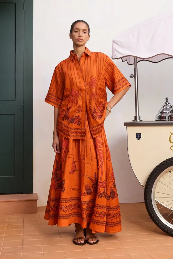 Striped Short-Sleeve Shirt | Island-Style Print Loose Lapel Top in Orange, product view 20