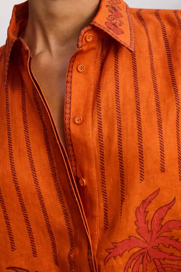 Striped Short-Sleeve Shirt | Island-Style Print Loose Lapel Top in Orange, product view 21